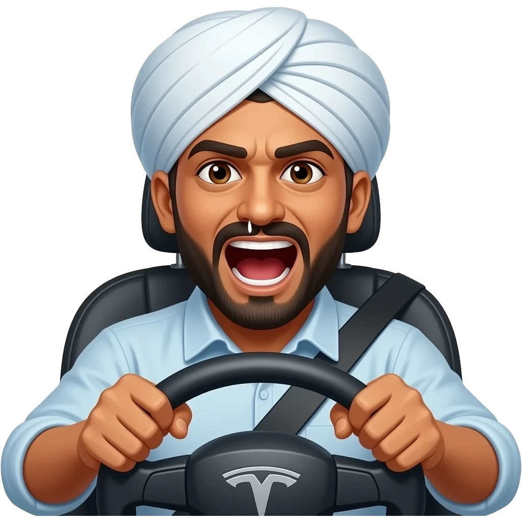 An indian man in a tesla screaming at other drivers emoji