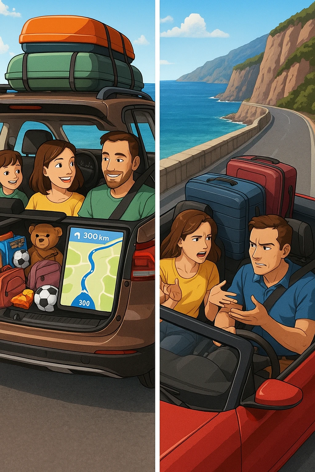 "Spacious family SUV loaded with luggage, snacks, entertainment for kids, GPS showing clear 300km route planned with rest stops, happy family ready for road trip; contrasted with impractical two-seater convertible with no storage space, couple arguing about what to leave behind, suitcases barely fitting, comfort vs style dilemma, Italian coastal highway background" emoji