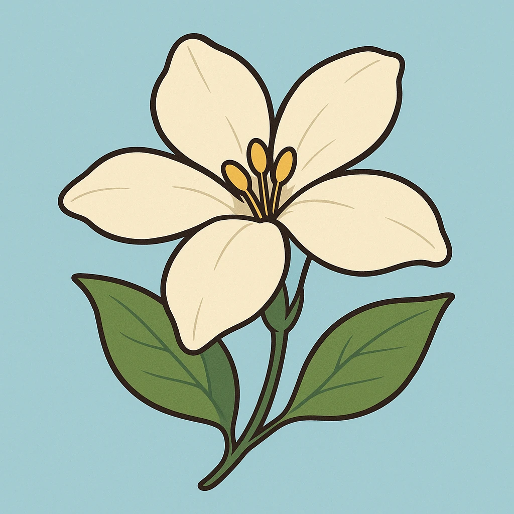 flor de jazmín simple y elegante sobre fondo celeste, estilo cartoon emoji