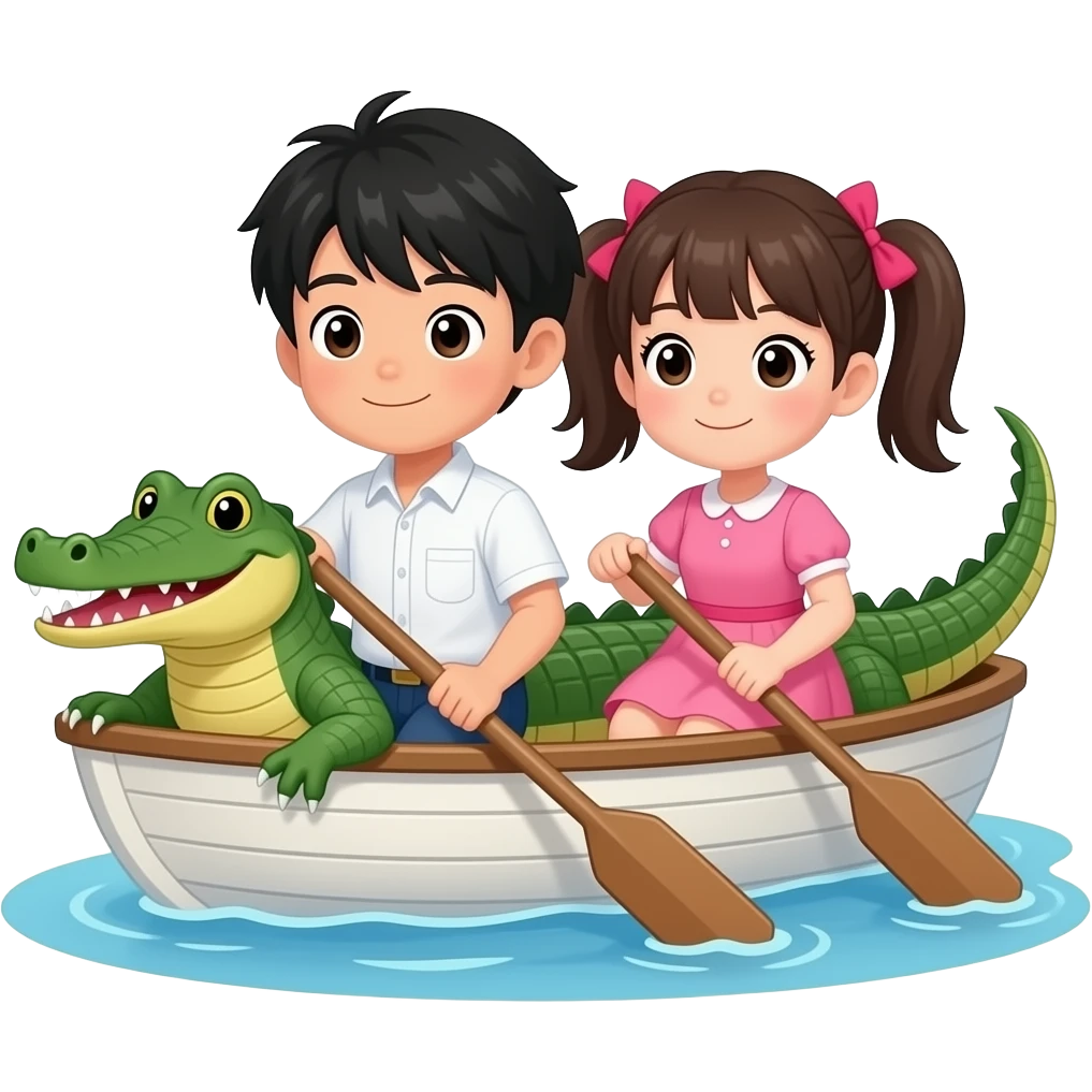 myvoxsongs row your boat boy with japanese hair and white shirt girl with 2 bows and ponytails and a pink dress an alligator rowing their boat emoji