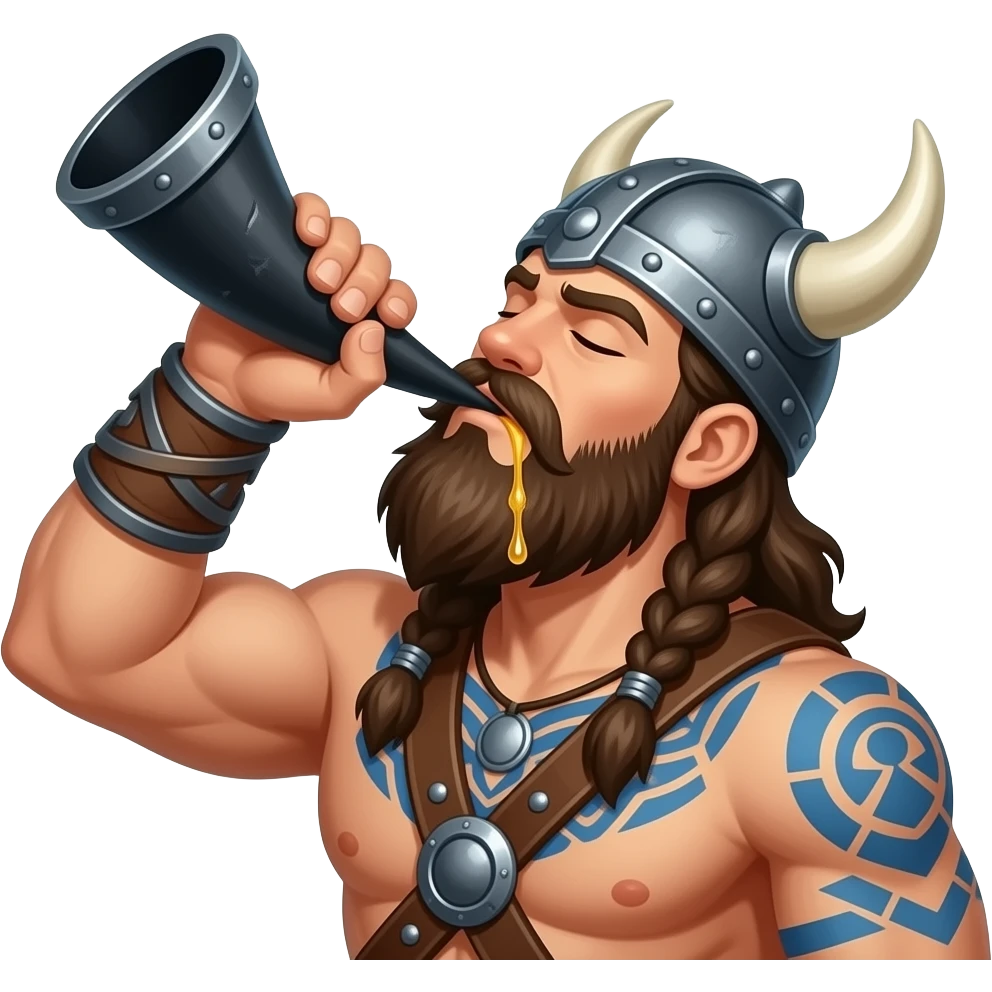 Dark haired sexy bearded viking  with viking helmet, eune tattoos and muscular no shirt, drinking beer out of a very large Black horn,his head tilted up and eyes closed. Beer dripping down his beard. Fantasy. Realistic emoji