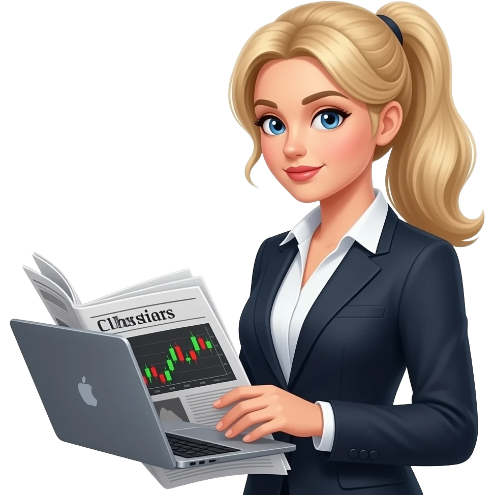 Sexy girl, blonde, side ponytail, blue eyes, slavic, business woman, newspaper, laptop with stock chart emoji