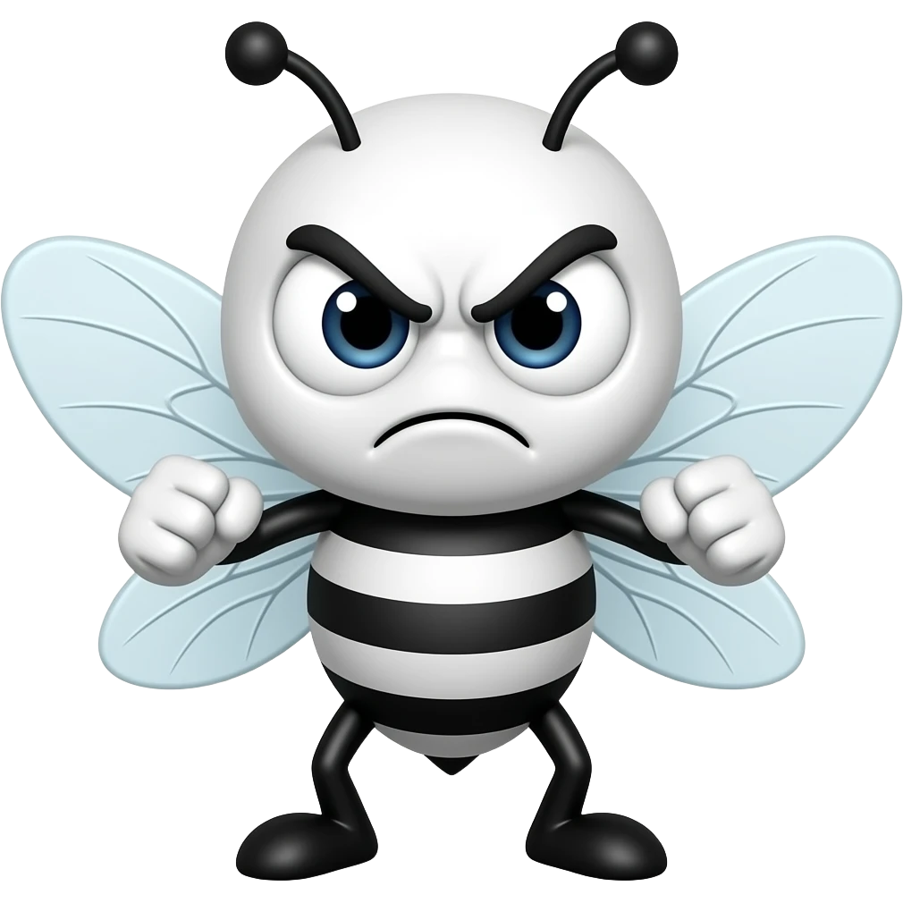 minimalist flat icon, angry bee emoji, black and white cartoon bee, thick bold outlines, white body with black stripes, big round eyes with angry eyebrows, clenched fists, transparent background, flat style, simple shapes emoji