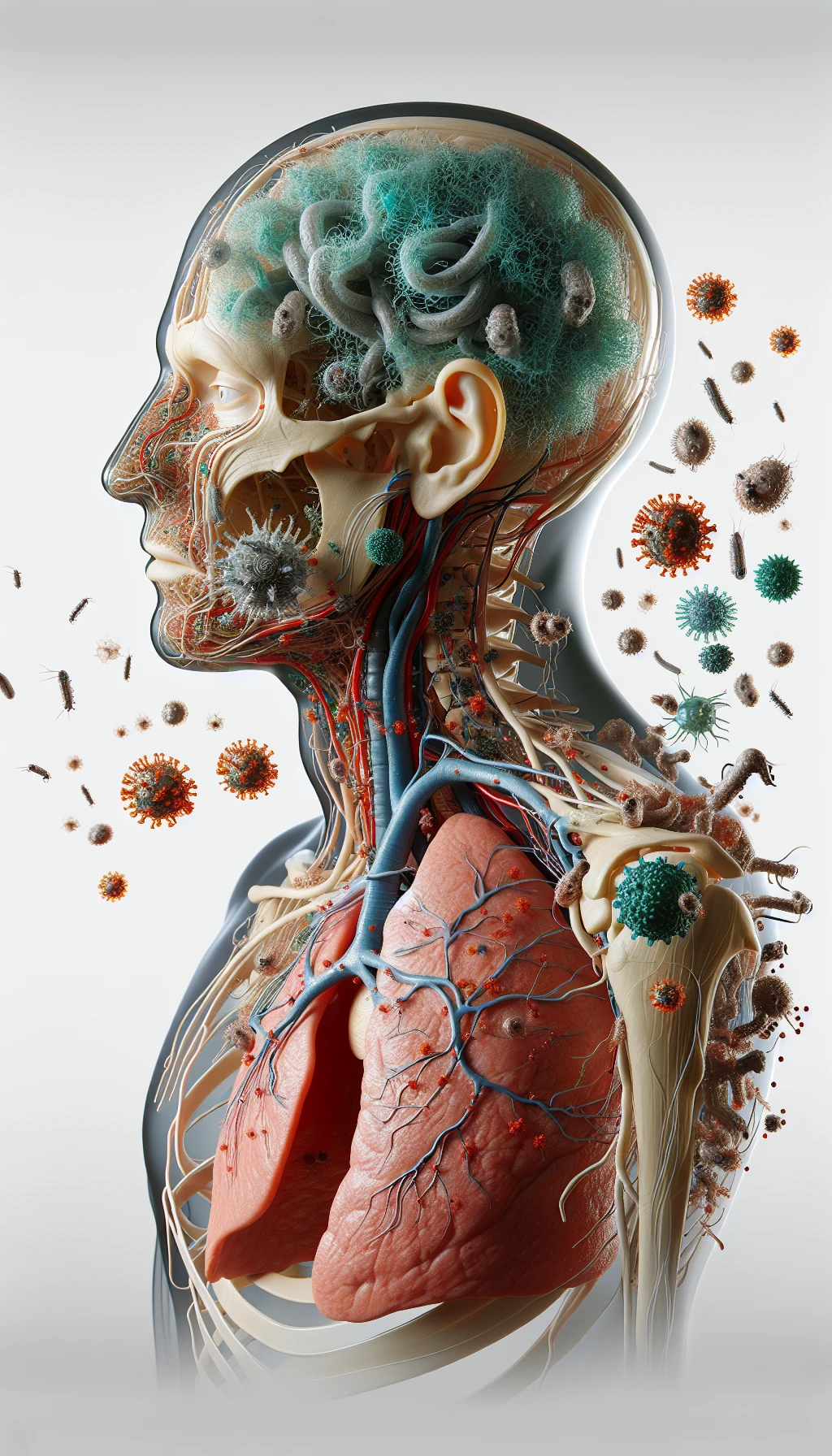 corpo umano anatomico di profilo con virus e parassiti che cercano di attaccarlo , isolato su sfondo bianco, iperrealistico 4k emoji