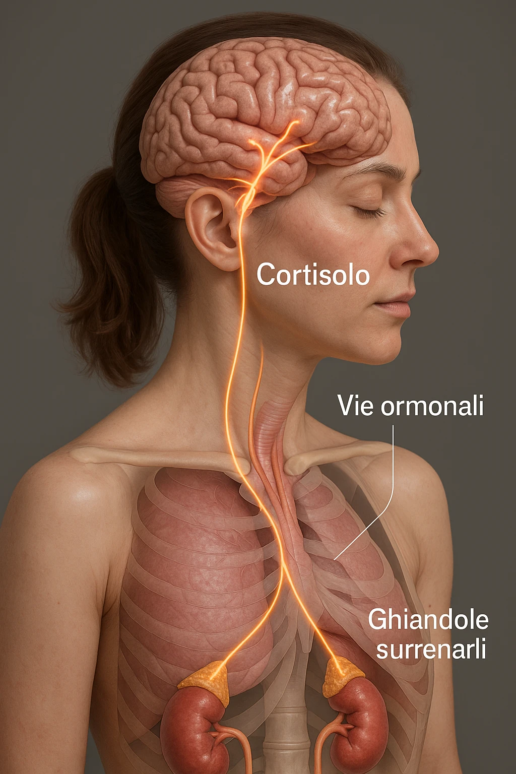 realistic 3D medical illustration of a woman with cortisol highlighted, focusing on brain, adrenal glands, and hormonal pathways, with captions in Italian, aspect ratio 2:3 emoji