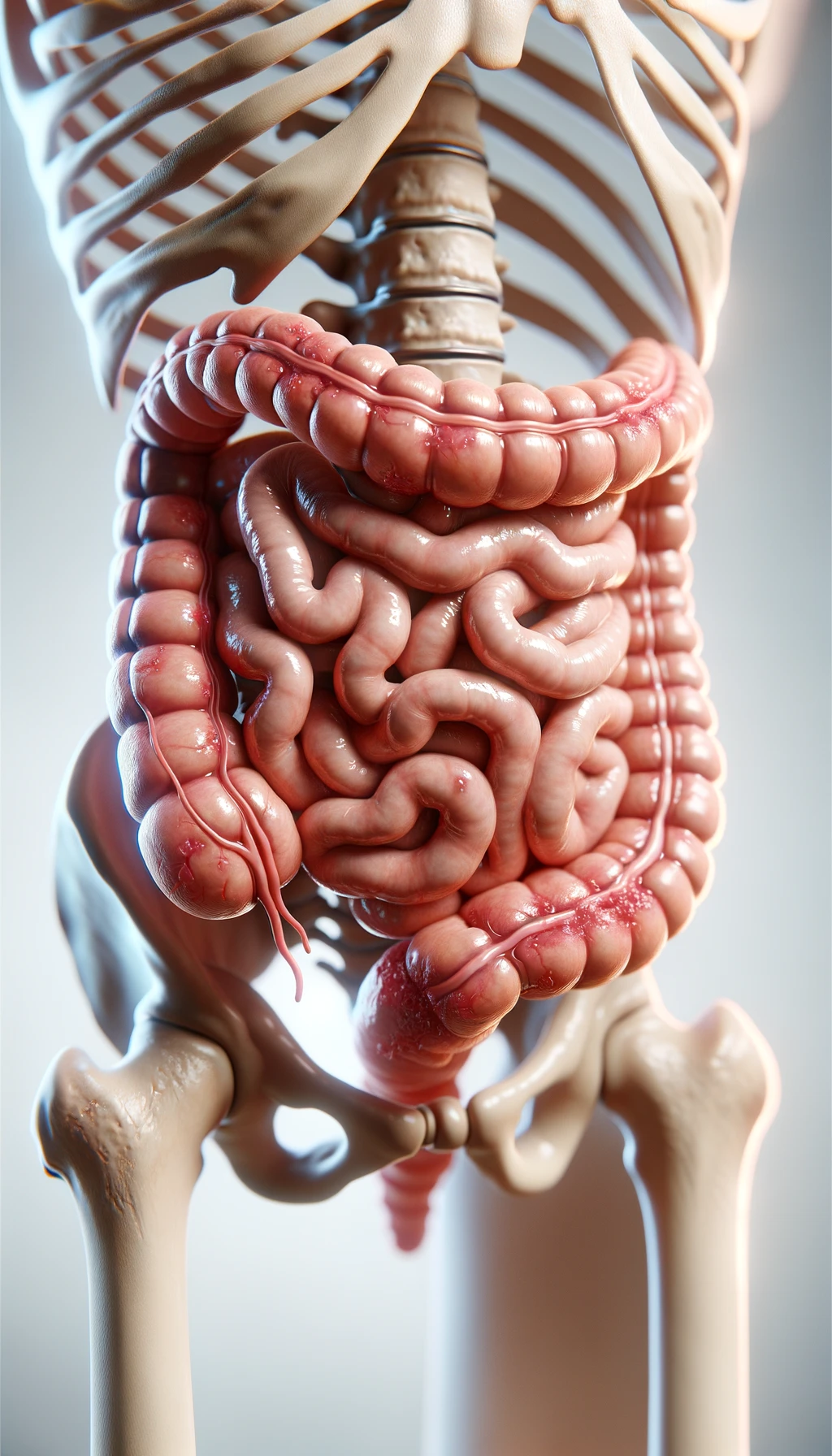 intestino umano anatomico infiammato, sfondo neutro chiaro, iperrealistico 4k emoji