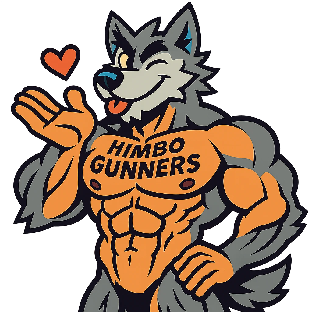 extremely muscular wolf furry, shirtless, with 'Himbo Gunners' tattoo on his chest, blowing a kiss and winking, charming and playful, detailed muscles and fur, ultra high quality emoji