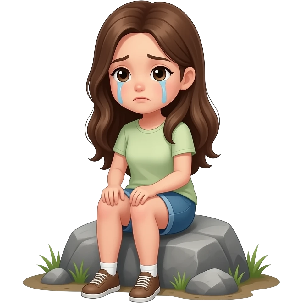 una chica sentada en una roca,  i tiene el pelo largo de color avellanaesta cansada emoji