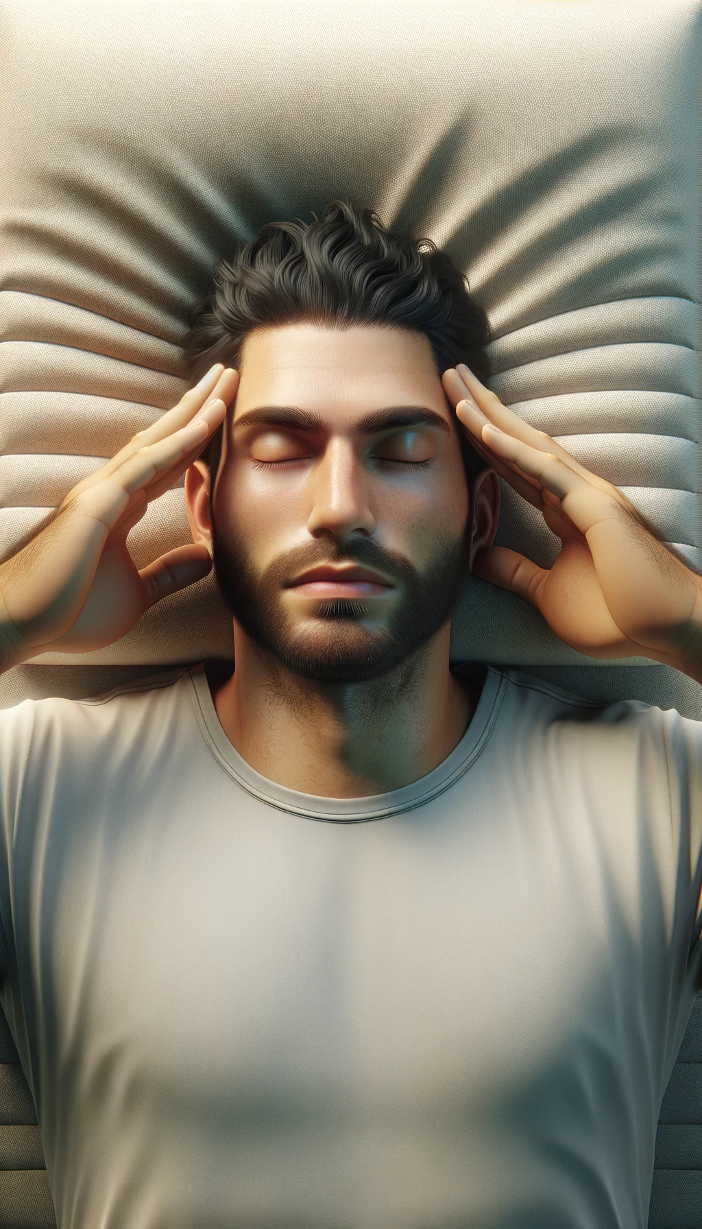 uomo steso sul materasso visto dall'alto che si concentra con gli occhi chiusi e le mani sulle tempie, SFONDO CHIARO NEUTRO, colori realistici, iperrealistico 4k emoji