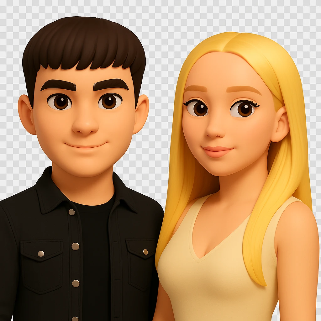 Slightly increase the volume of the upper body of the girl, separate the girl and the boy from each other, make the skin color the same for both characters. Maintain the cartoonish 3D style and keep the background transparent. The original style is cartoonish 3D style. emoji