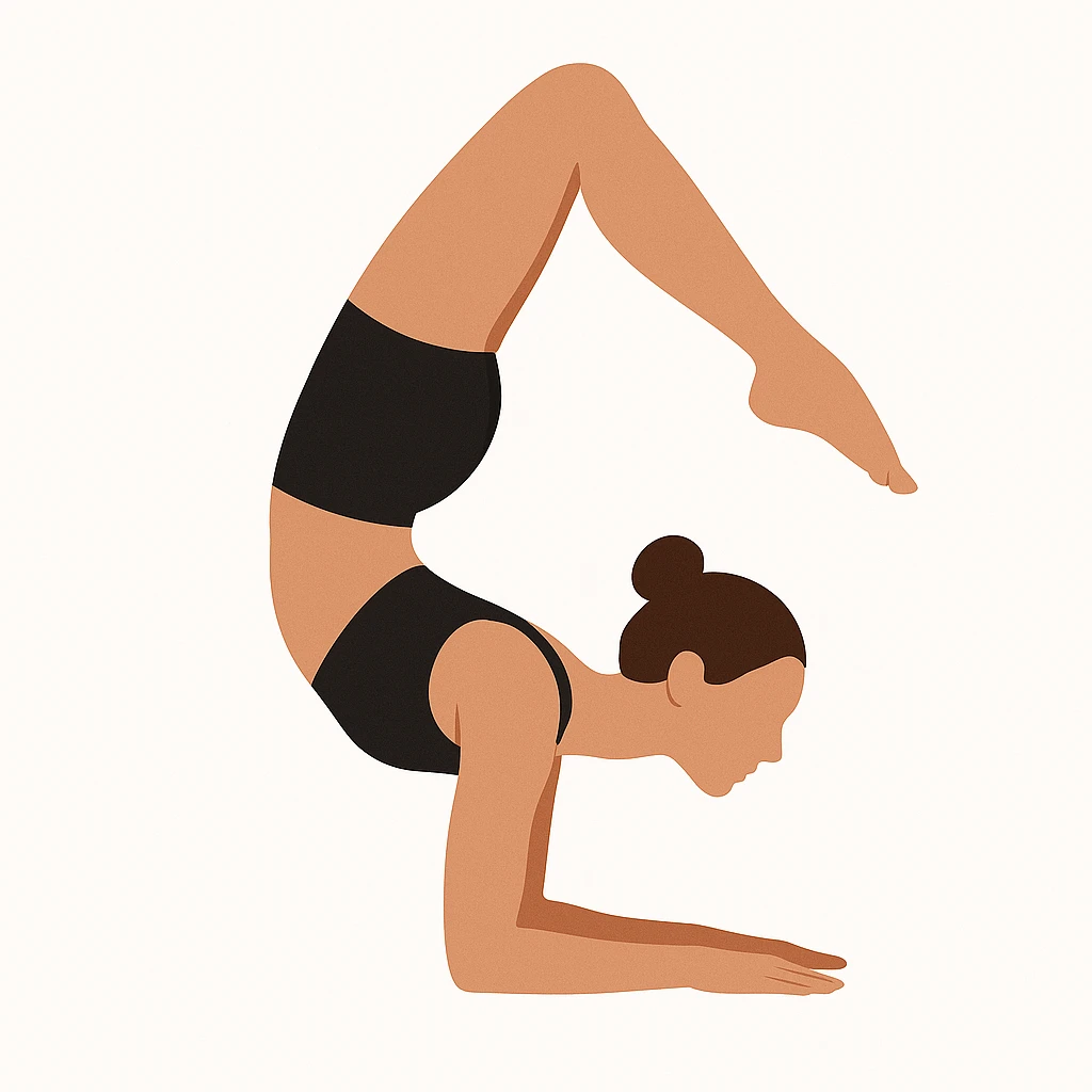 Minimalist flat vector illustration of a woman doing yoga (Vrischikasana), wearing sportswear (black top and black shorts), brown hair in a bun, clean white background, no face details, elegant style emoji