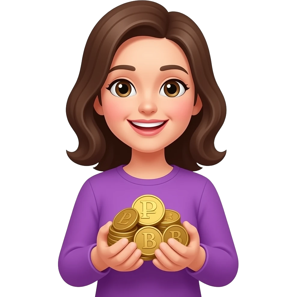 Счастливая женщина с кучей рубли в фиолетовой одежде не доллар emoji