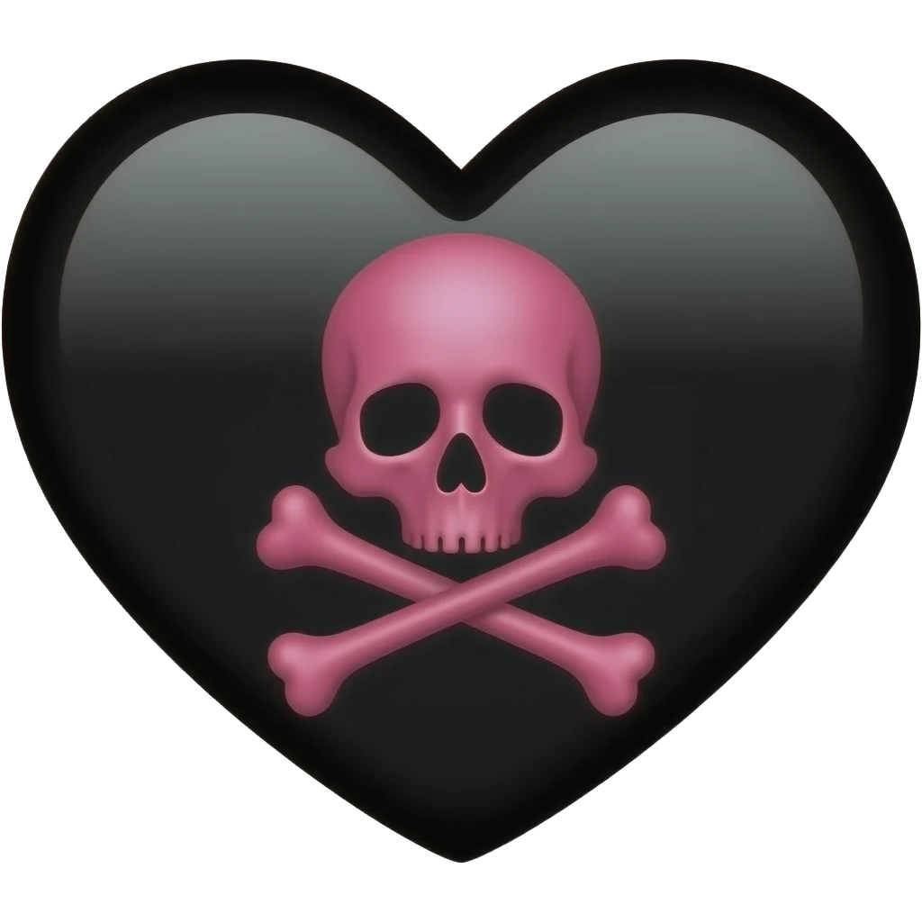 Hot pink skull and crossbones on black heart emoji