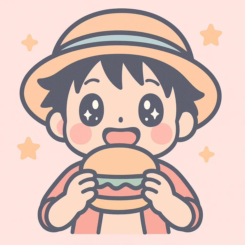 Cute Luffy eating a burger, modern illustration, cheerful mood emoji