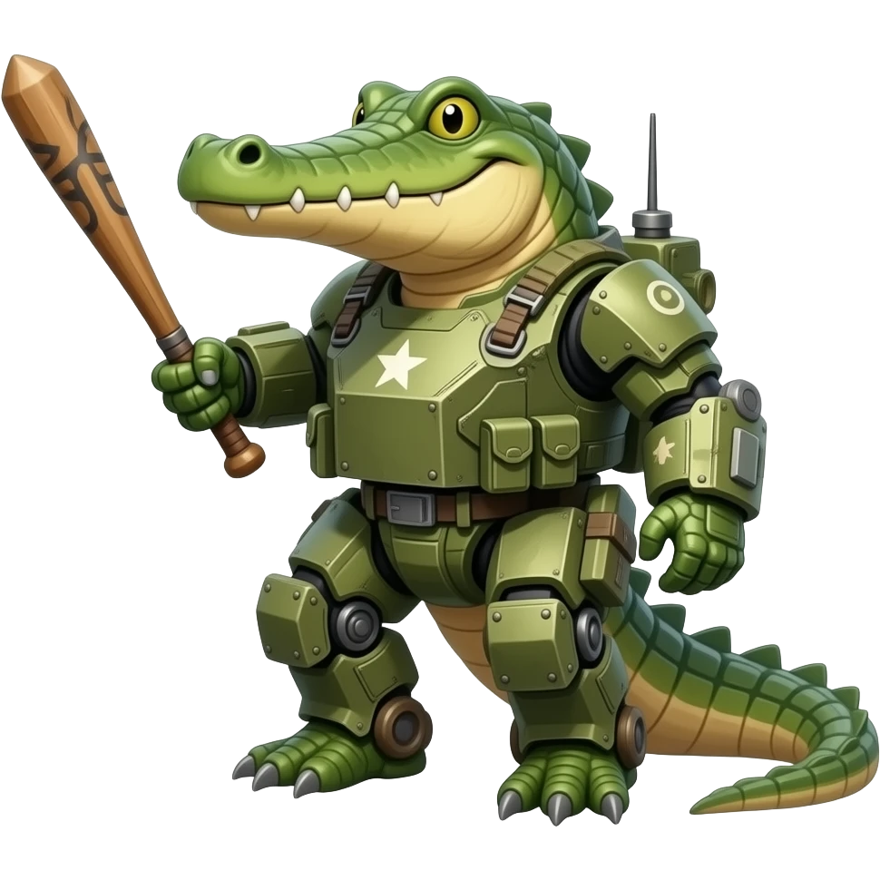 a crocodile body mix by a army Tank an holding a bat emoji