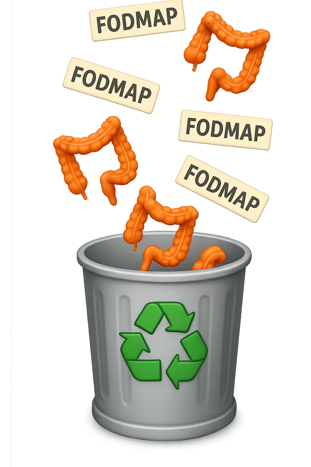 cinque scritte piccole "FODMAP" e piccoli pezzi di colon cadono in un secchio della spazzura con simbolo "recycle" sopra, stile emoji iphone, iperrealistico 4k emoji