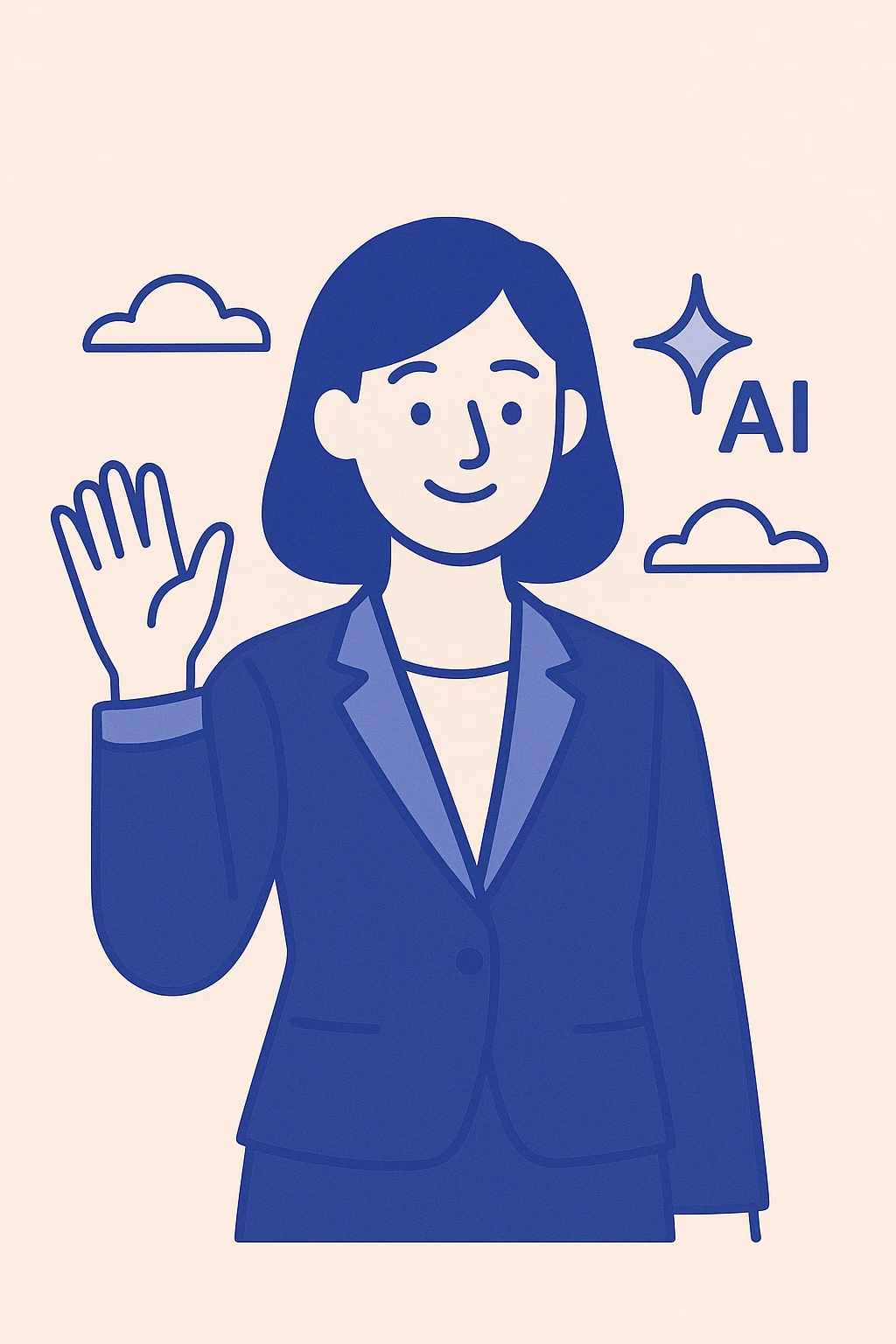 business woman smiling in a suit, waving, with an AI sparkle above her shoulder, clean modern illustration emoji