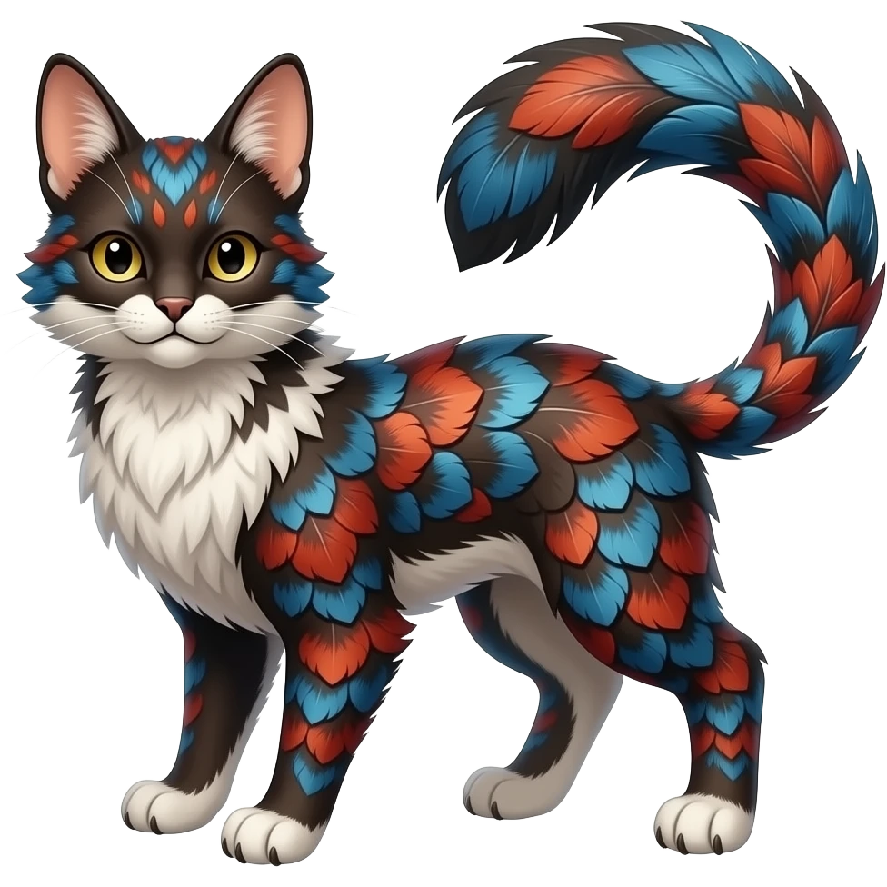 Floral-patterned majestic feathery elegant realistic stylish Furry, fluffy feathery tropical painted scaly, dark-brown, sanguine-red, blue, white, black, Minccino-Bambino-Lykoi-Linoone-Zangoose-fusion-hybrid-animal-Fakémon-creature, full body, thin long sleek scaly tail, intricate markings emoji