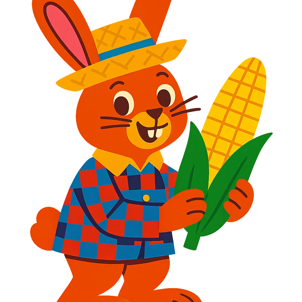 rabbit wearing checkered shirt and straw hat, holding corn, festa junina style emoji