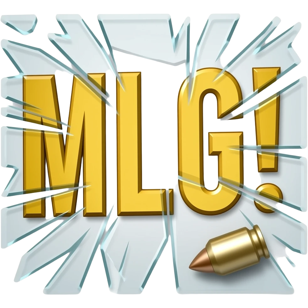 Надпись MLG! жёлтого цвета разорвана в дребезги как стекло пулей emoji