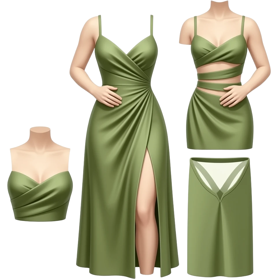 iOS style highly editorial and sculptural A draped olive green wrap dress with multiple abdominal cutouts, a high leg slit emoji
