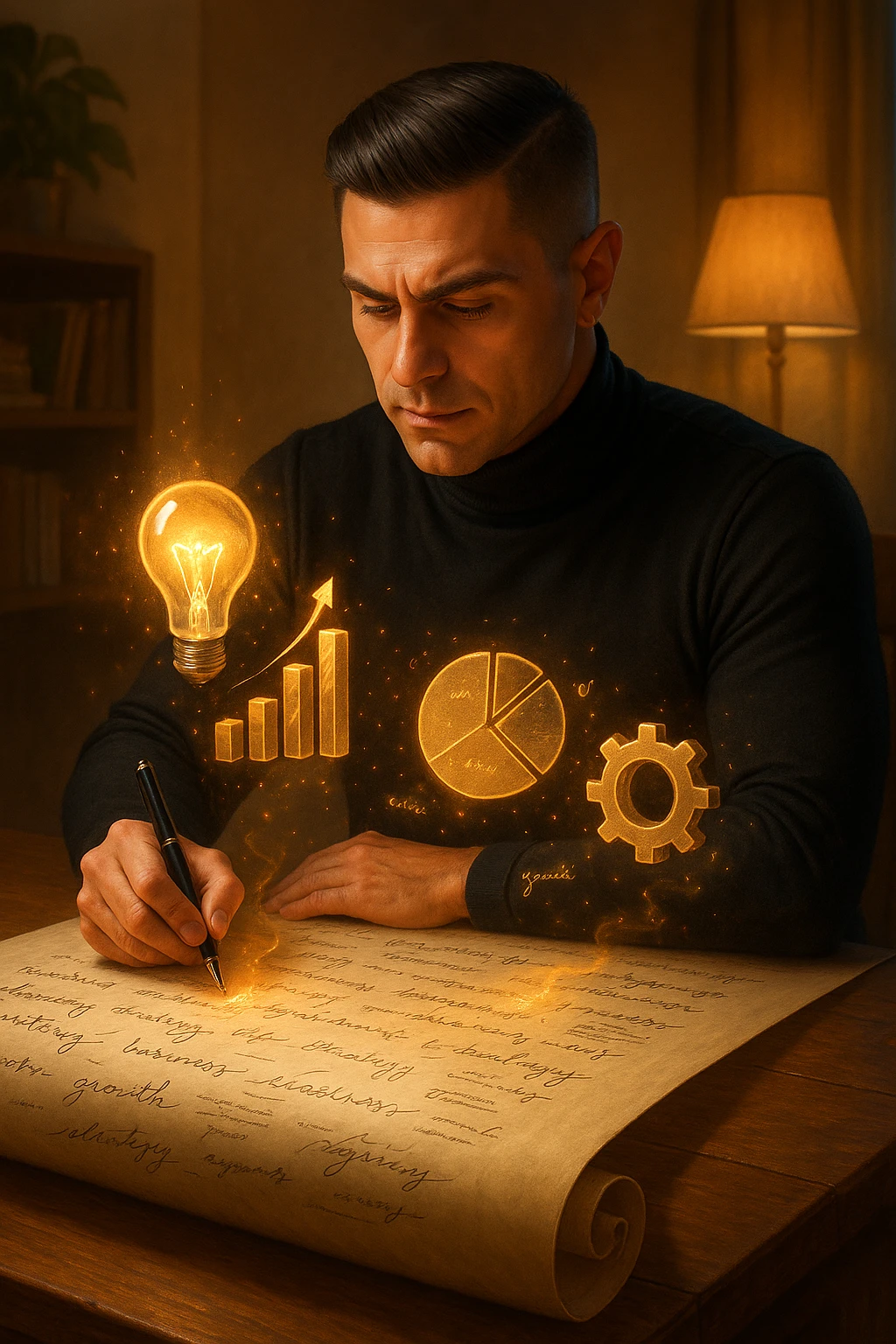 Un uomo concentrato, seduto alla sua scrivania in una stanza con luce calda, sta scrivendo su un enorme foglio di carta che si espande magicamente davanti a lui. Mentre scrive, le parole si trasformano in elementi visivi tridimensionali che rappresentano le soluzioni ai suoi problemi in italiano emoji