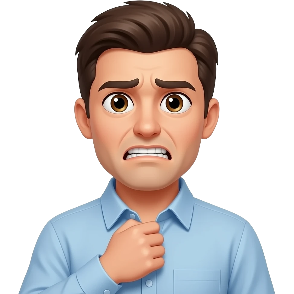 extremely awkward and nervous, wide, frantic eyes looking to the side, wide, forced 'grimace' smile showing gritted teeth, hand is awkwardly hooked into the collar of a light blue button-down shirt, pulling it away from the neck emoji
