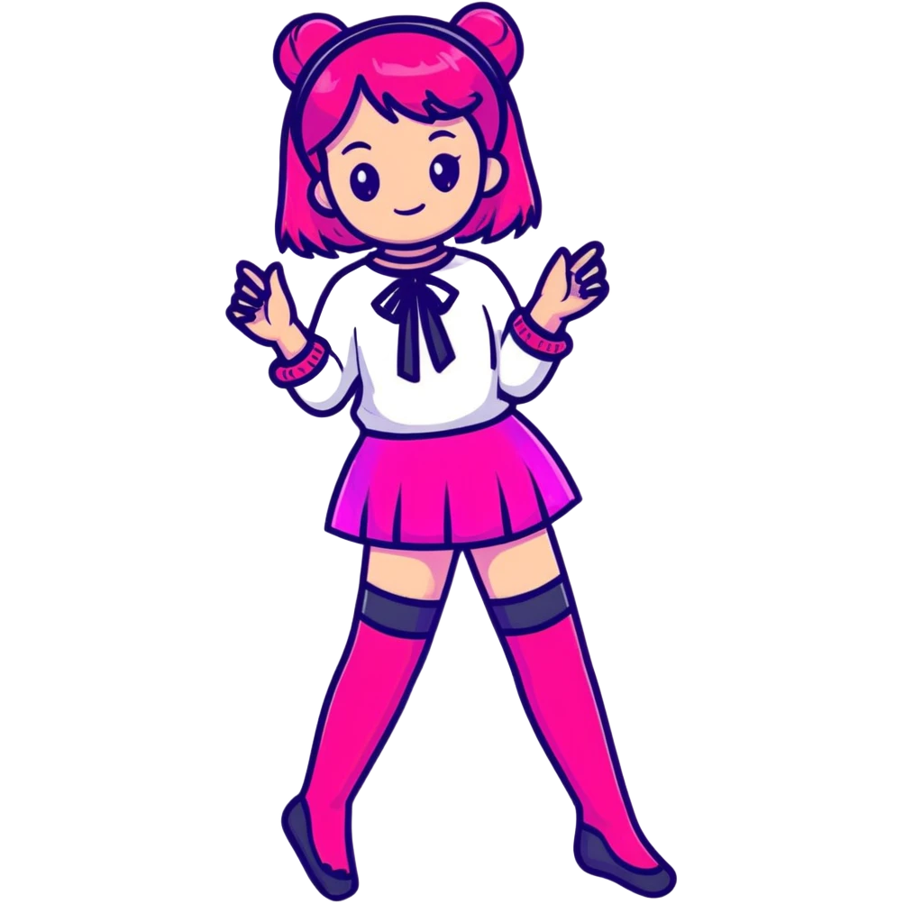 Cute girl character in stockings adjusting fashion accessory, bright pink gradient, transparent glass style with highlights emoji