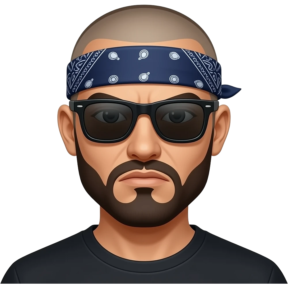A high-quality vector emoji of a Chicano cholo character in a 'Lil Homies' chibi style. Head and shoulders view. The character has a shaved head, a dark blue paisley bandana tied around the forehead, and dark black sunglasses. He has a thick goatee and a tough, 'enojón' grumpy expression. emoji