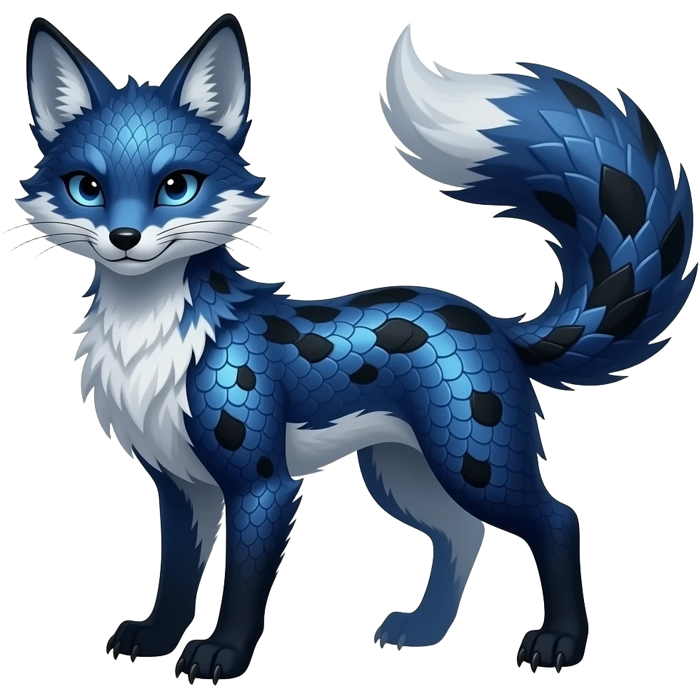Feral Rare Fantasy scaly evil spooky vibrant dark shady shaded detailed deep-dark-cobalt-blue-gradients-colored colorful Vernid-Sergal-Genet-Trico-Fox-species by LiLaiRa, with dark-blackish points, white belly, random markings, tufted tail, tufted ears, full body emoji