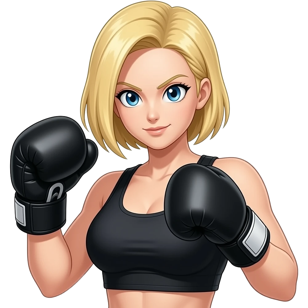 In Breast boxing, blonde shoulder length haired female, android 18, from dragon ball super, in the black boxing gloves emoji