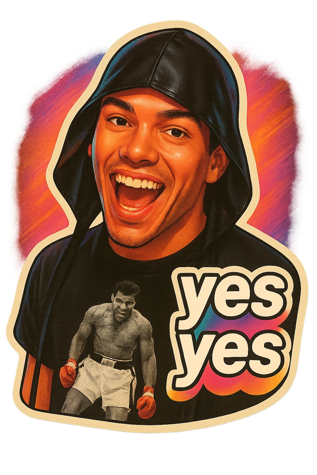 excited smile with mouth open
add the words “yes yes" in White emoji