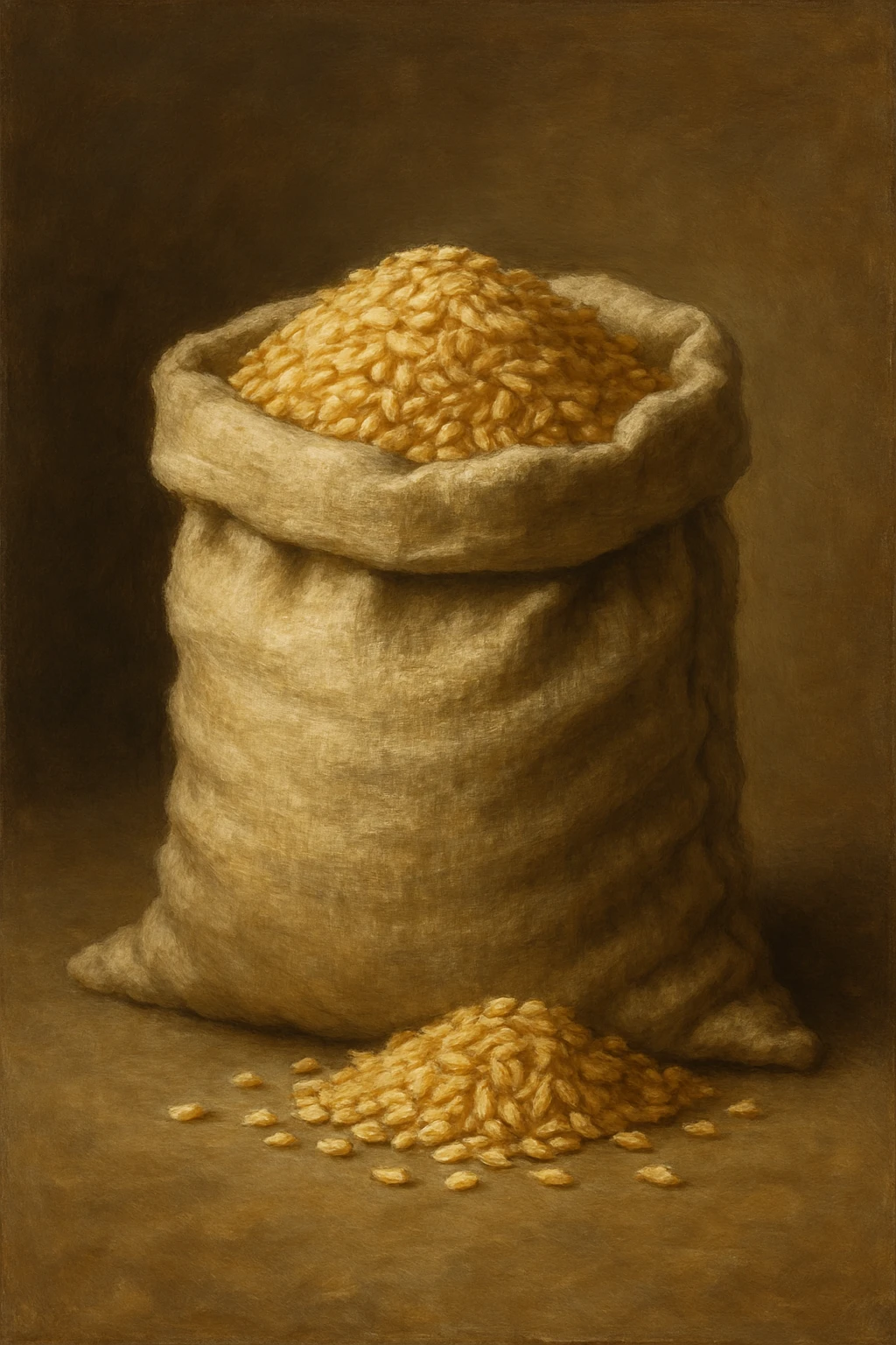Сгенерируй мне мешок зерна в стиле реалистичной живописи на однородном фоне emoji