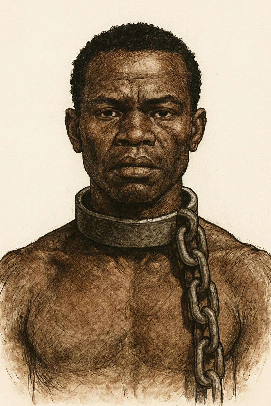 Сгенерируй мне в чуть рисованном стиле африканского раба, и на шее у него оковы с цепью, он смотрит четко прямо без эмоций. На белом фоне emoji