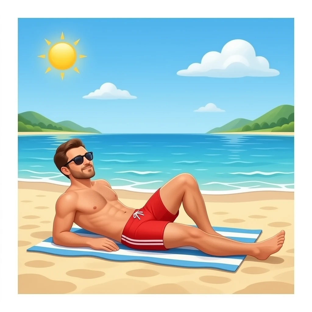 Erstelle ein Bild von einem Strand, mit im Bild ist ein Mann zusehen der sich im liegen sonnt, er trägt rote enge speedo und Oberkörper frei und trägt eine Sonnenbrille emoji
