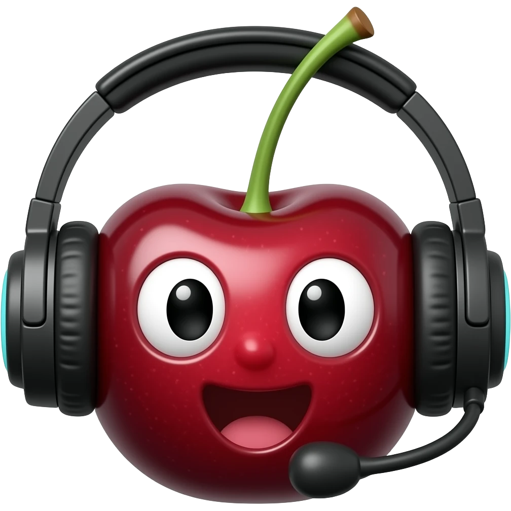 ciliegia con la faccia con cuffie da gamer che canta emoji