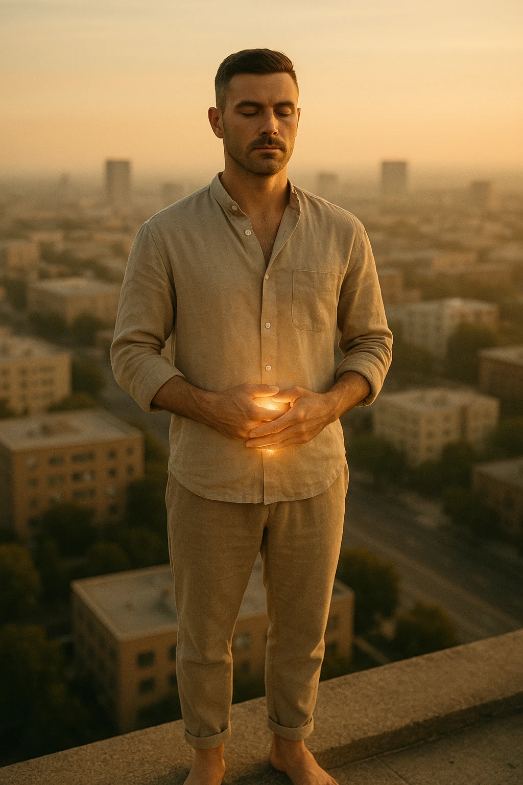 A cinematic portrait of a calm and composed man in his mid-30s, with light stubble and a defined jawline, standing alone on a rooftop at sunrise overlooking a quiet modern city. He’s wearing minimalist, earth-toned clothing — a linen shirt loosely buttoned, neutral joggers, barefoot. His hands rest gently over his abdomen in a meditative posture, eyes half-closed, reflecting clarity and focus. The early morning light bathes his face and body in soft gold, symbolizing renewal and healing. Around him, the city is still asleep, with only faint traces of life below. The air feels clean and silent. Subtle glow effects radiate gently from his chest and abdomen, suggesting internal regeneration. 35mm film style, shallow depth of field, realistic human textures and cinematic color grading with warm and natural tones. emoji