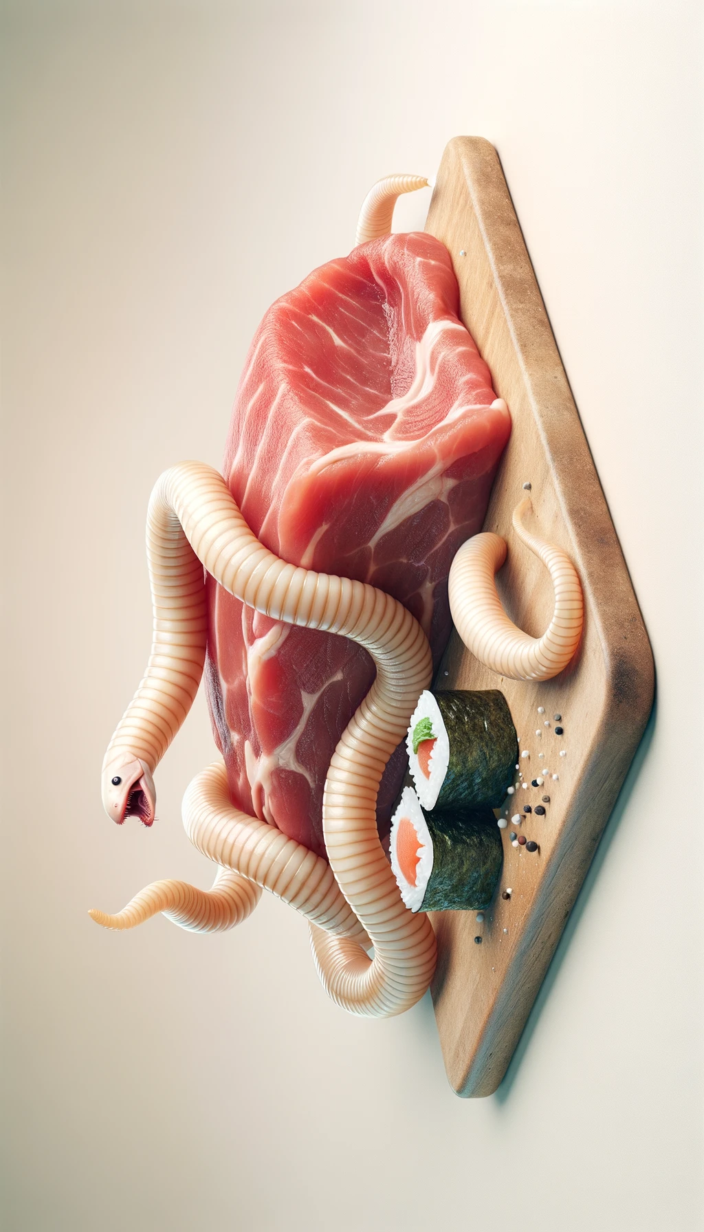 carne cruda fluttua insieme a sushi, intorno a loro fluttuano vermi lunghi e beige chiaro, sfondo neutro chiaro, iperrealistico 4k emoji