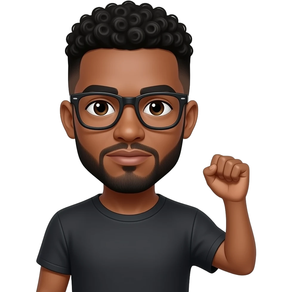 African American man with a thin black disconnect goatee with a mid top curly fade hairstyle with a Symbrachydactyly right arm and a missing left arm wearing black glasses emoji