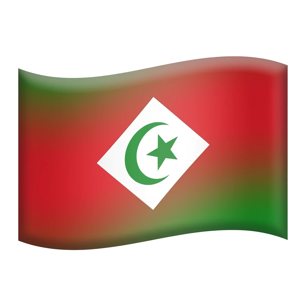 Flat IOS emoji of the Rif flag : red background, centered white diamond, inside a green crescent opening right with a green five-pointed star. Horizontal Long Rectangle shape, vector, no text, similar to ios flag style. emoji