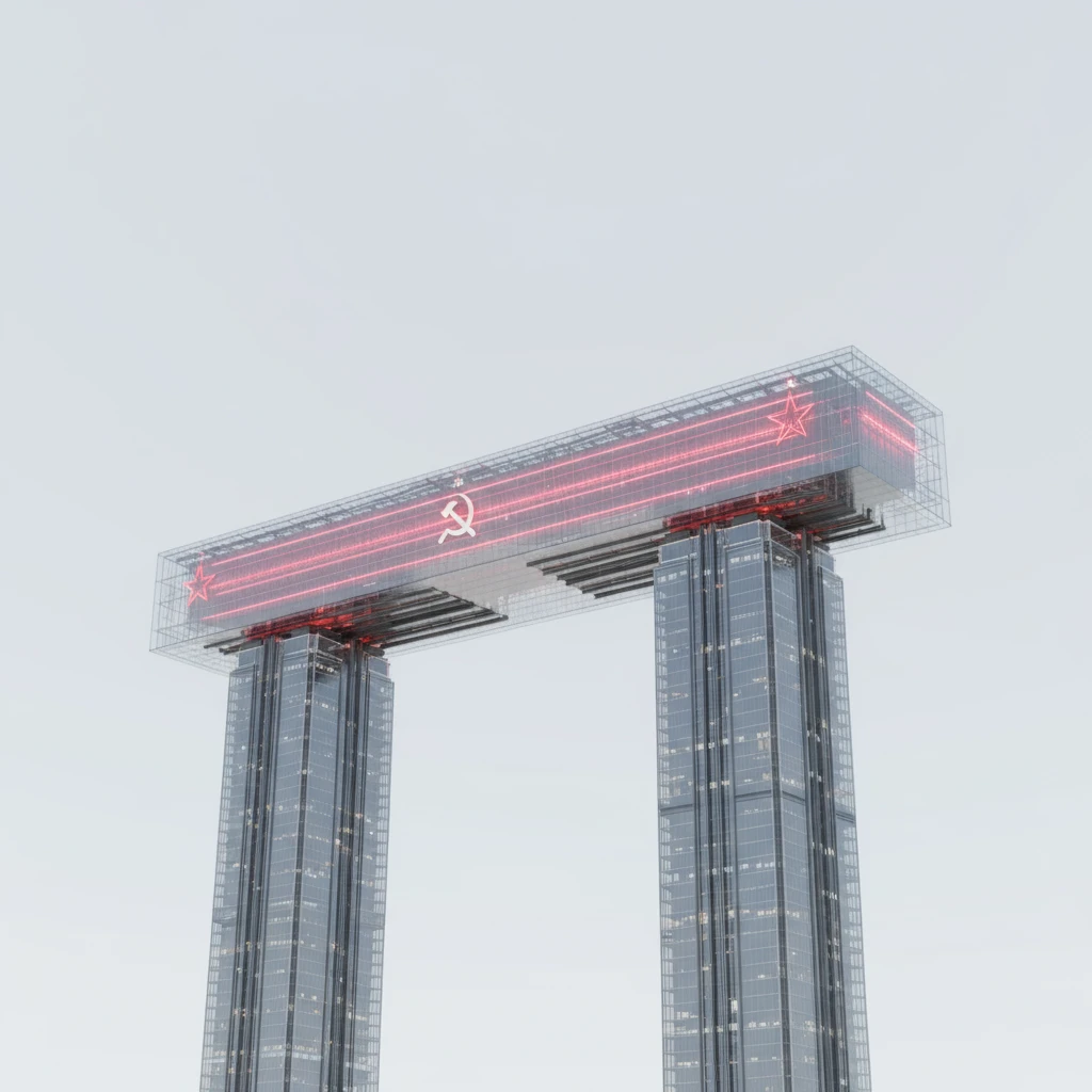 Горизонтальный небоскреб с советской символикой, прозрачное стекло и небольшое красное свечение. Он лежит на двух высоких небоскребах, которые стоят далеко друг от друга. 

Фотореализм. Абсолютно прозрачный фон emoji