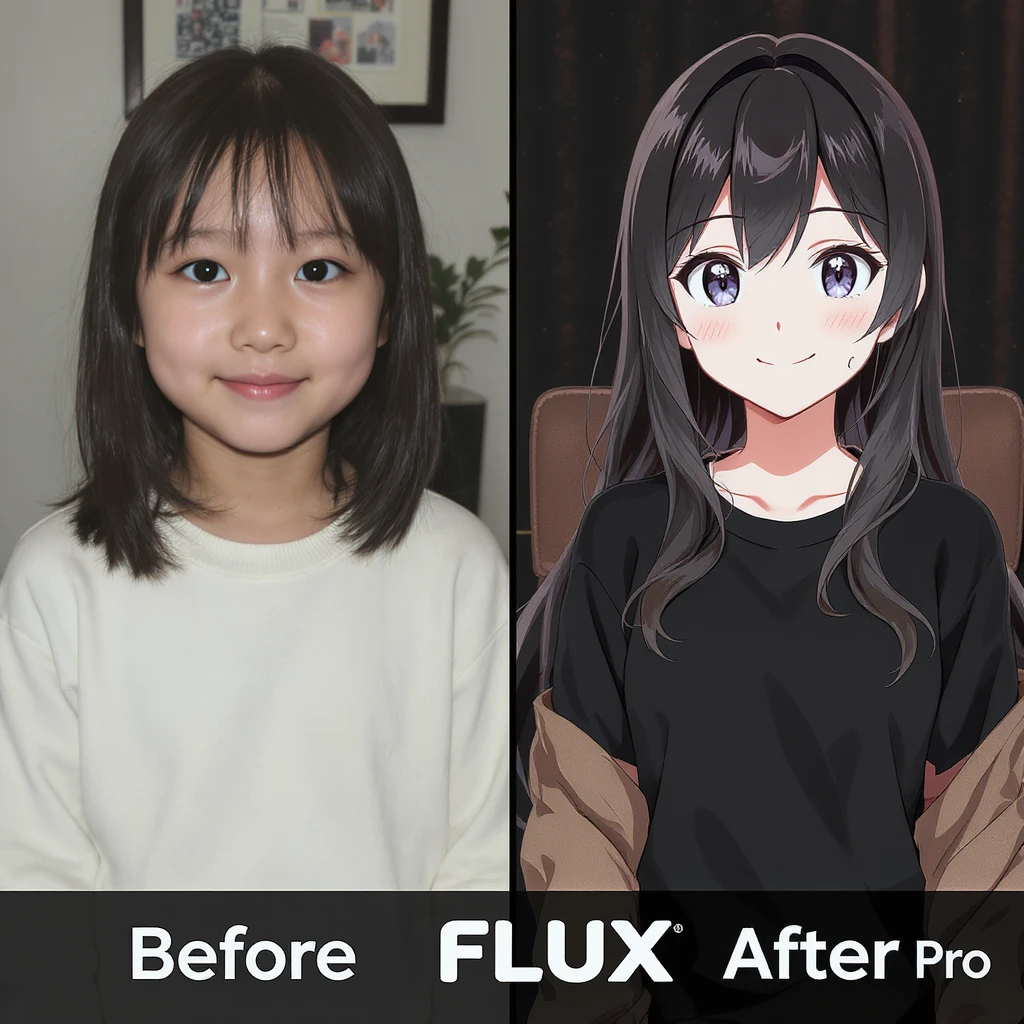 create before after image of a girl before is realsitic photo, after is anime version of her in same pose and clothes, add logo with text of a "FLUX Kontext Pro" emoji