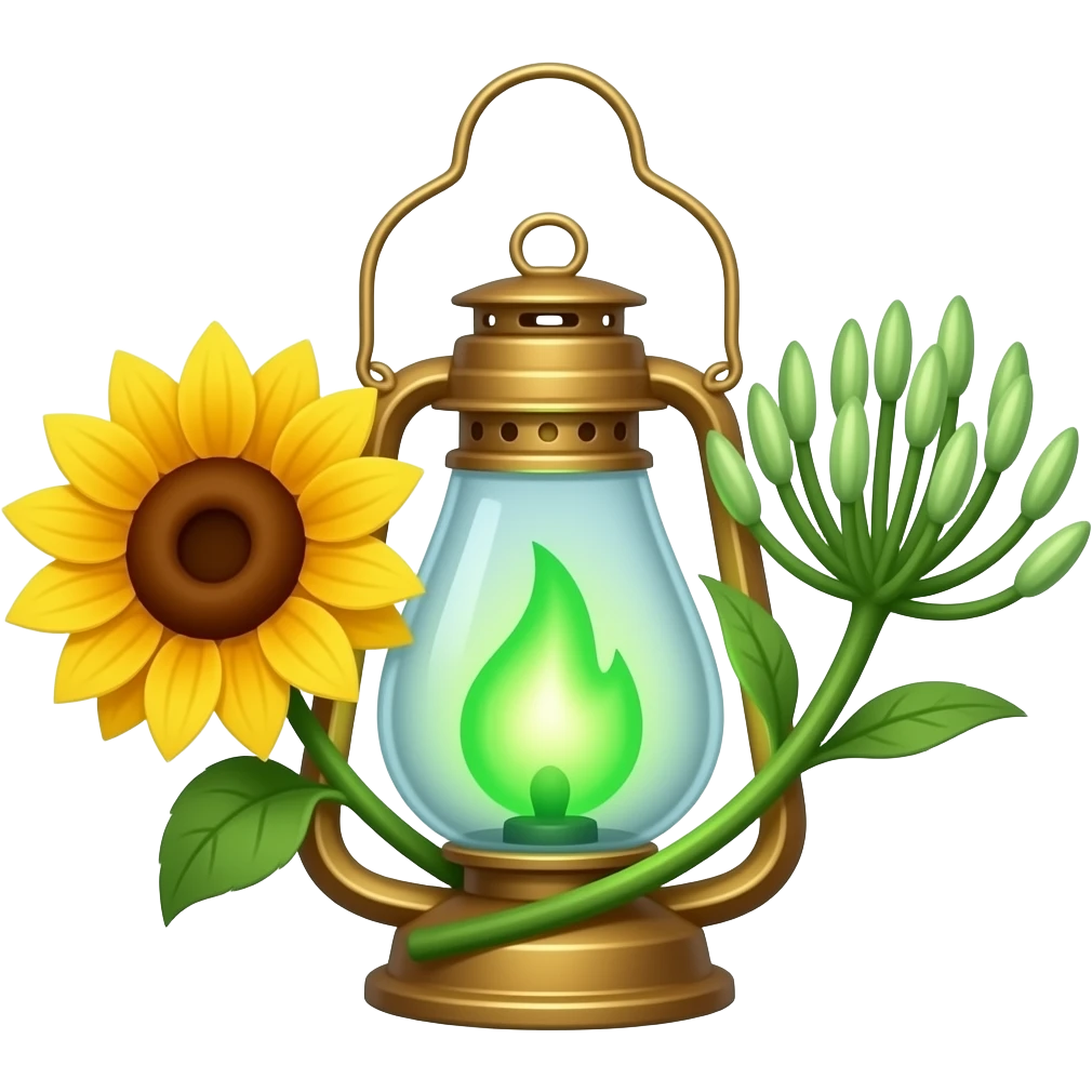 A golden hanging lantern with a bright emerald flames, an empty loop on top, sunflower (l) & asphodel (r) wrapping it, focus more on the green fire, paint the glass more green, have its bottom point come to some sort of point emoji