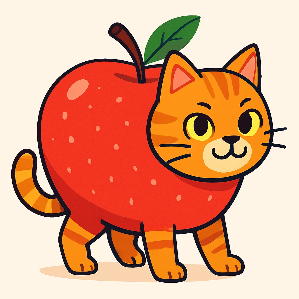 Make this animal more colorful, vibrant, and playful, with a fun cartoon style, no meme elements, keep the apple-cat concept. emoji