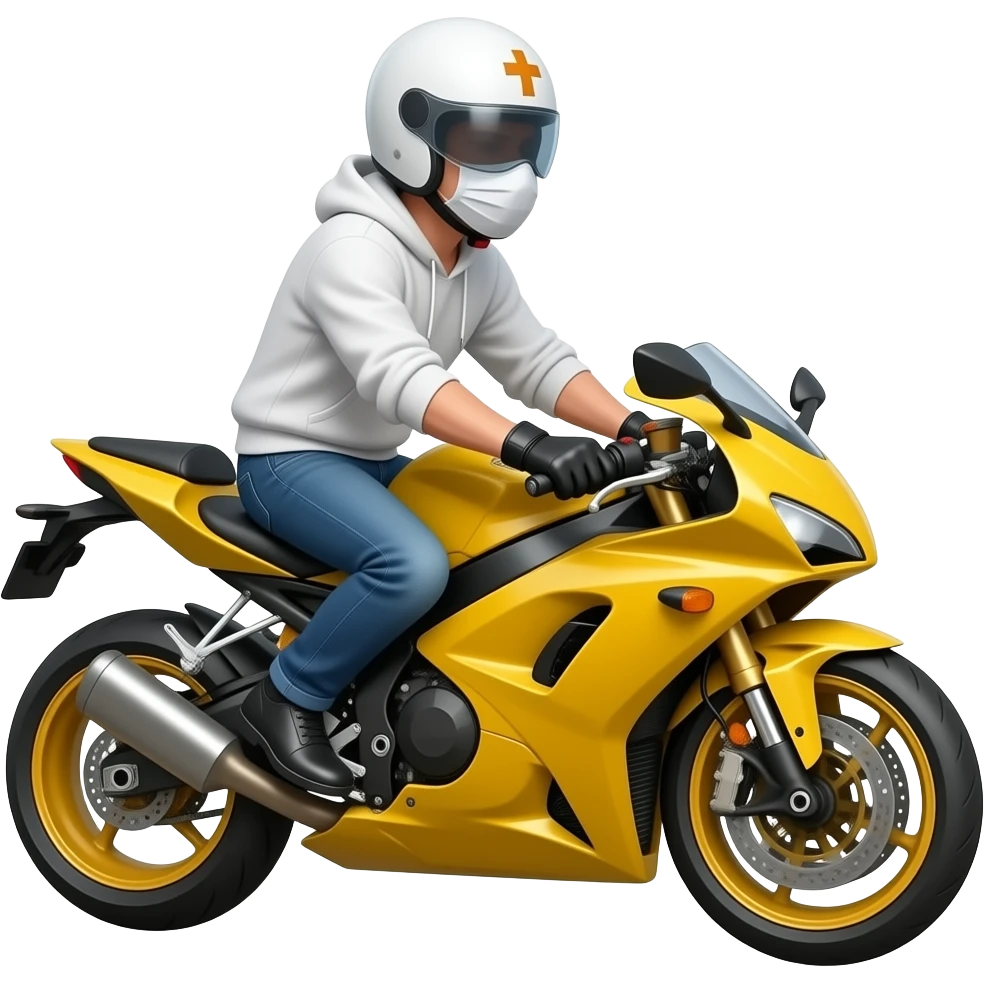 man wearing blue jeans, a white hoodie, black black gloves, a white crosshelmet with a dark eyes shield and a white mask on a yellow cross motorcycle emoji