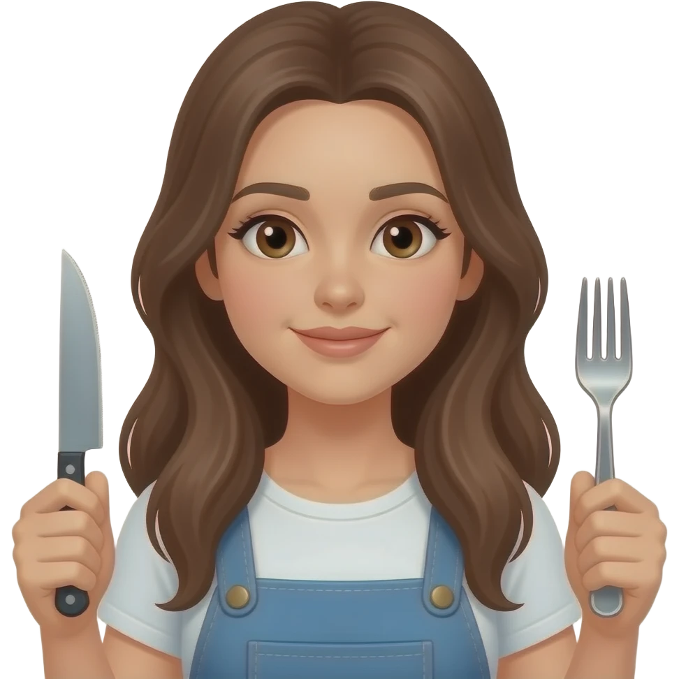 a girl with long brown hair and brown eyes holding knofe on left arm and fork in right arm waiting food emoji