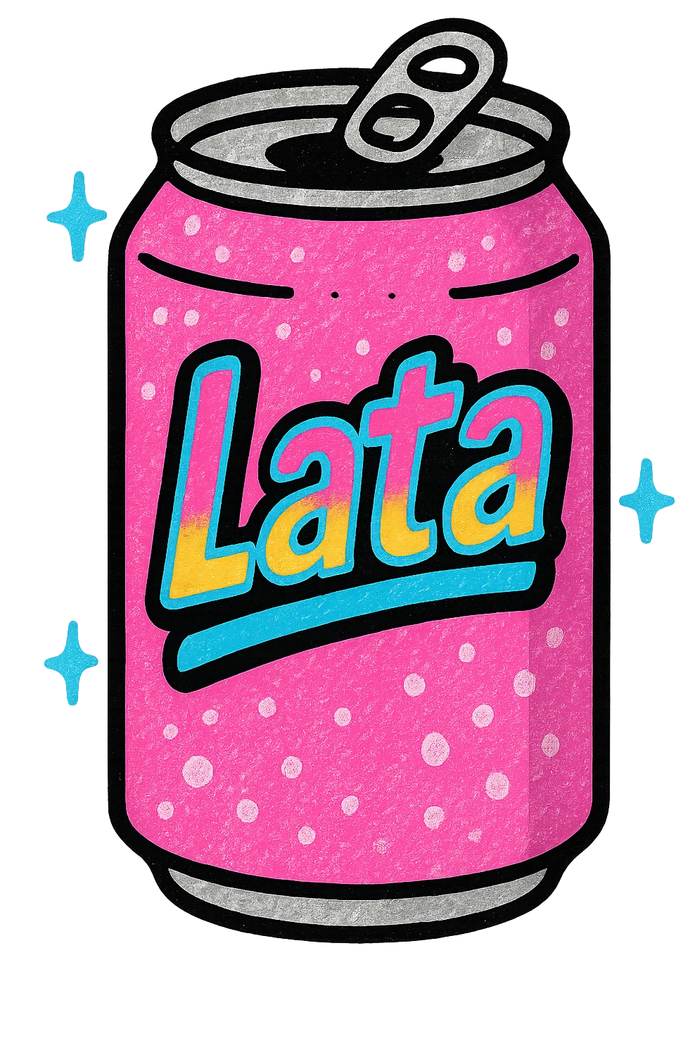 a chilled pink soda can, 'Lata' logo, sparkling ice effect, lively and appealing emoji