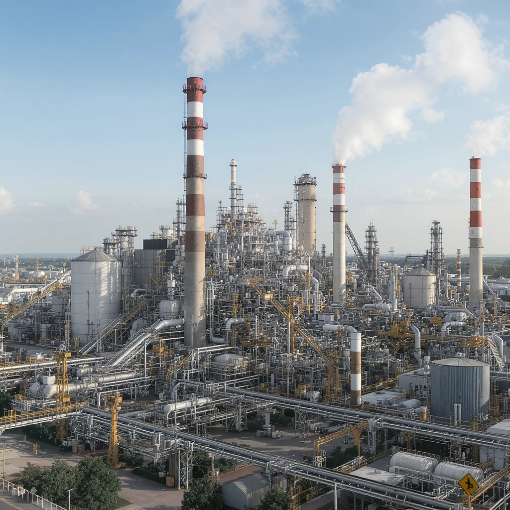 A detailed illustration of a large industrial factory with multiple buildings, smokestacks, and machinery. The factory should have a realistic and intricate design, with various pipes, conveyor belts, and storage tanks. The scene should be set during the day with clear skies. emoji