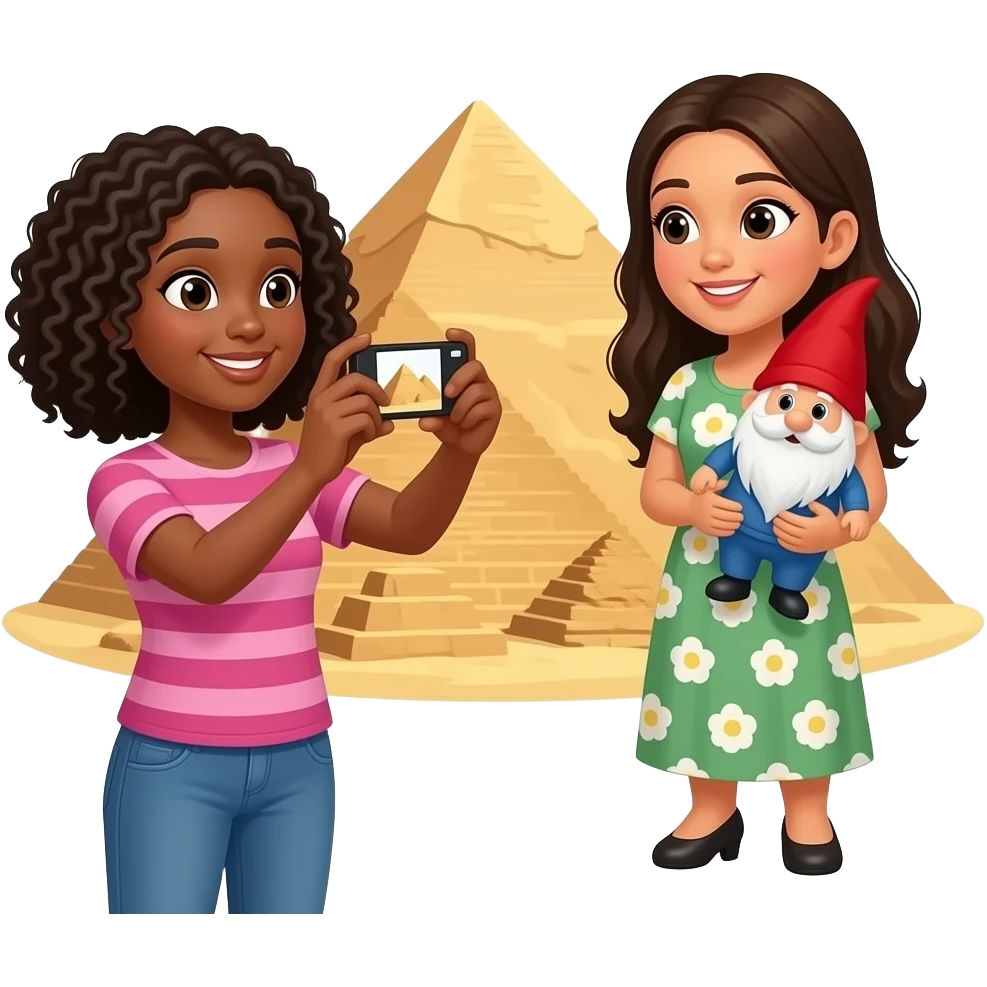 A black girl taking a photo of her Hispanic girl  holding a small gnome while standing in front of the pyramids emoji