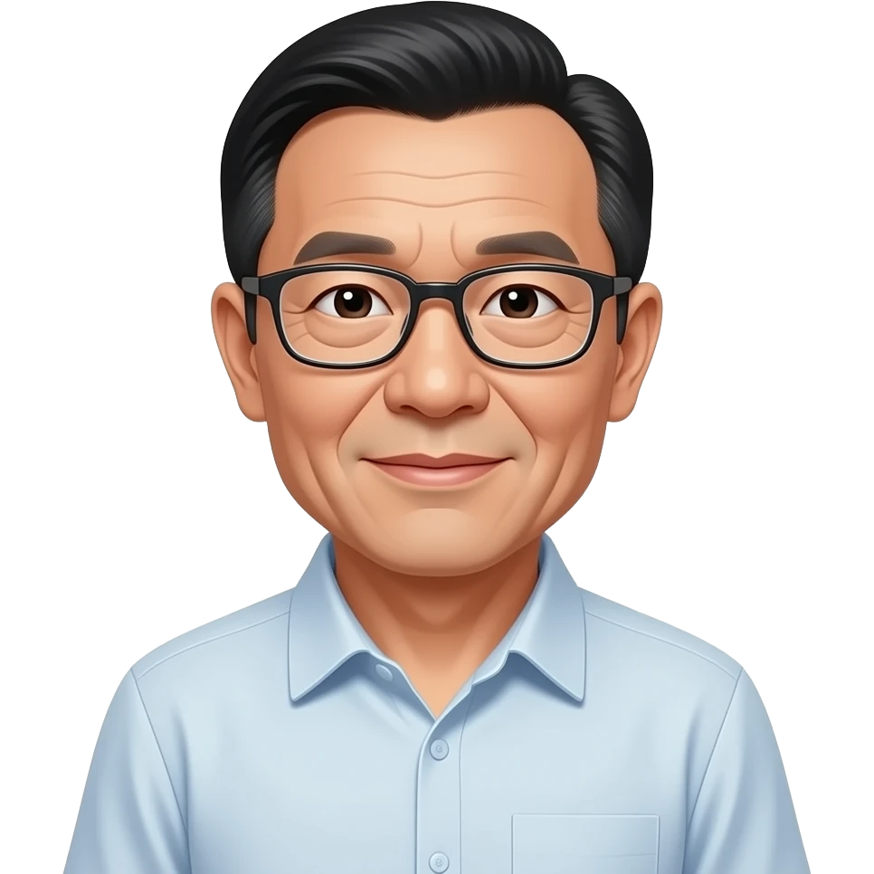 Chinese 75 years old with thin black hair parted on left side with glasses no facial hair round face wearing a short shirt emoji